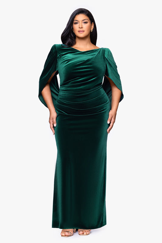 Betsy & Adam Plus "Audrey" Velvet Draped Back Dress - Hunter