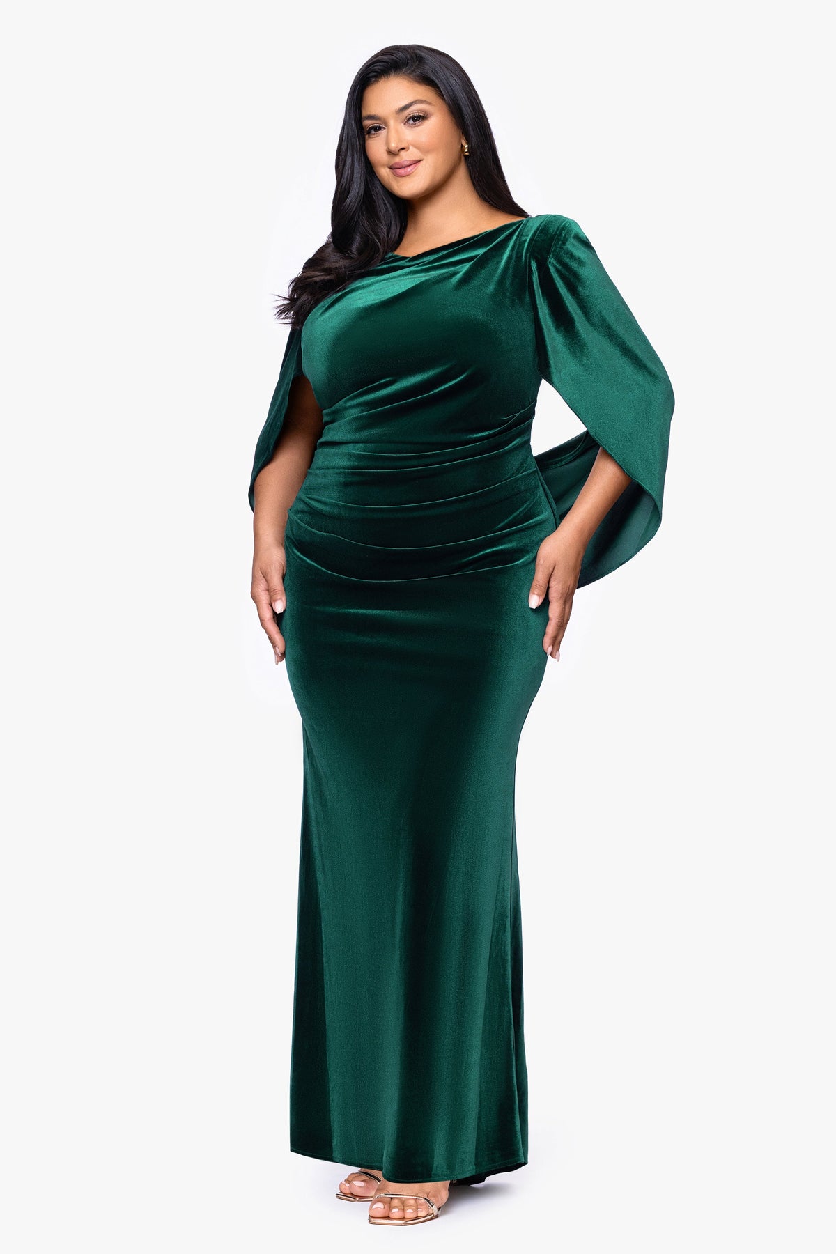 Betsy & Adam Plus "Audrey" Velvet Draped Back Dress - Hunter