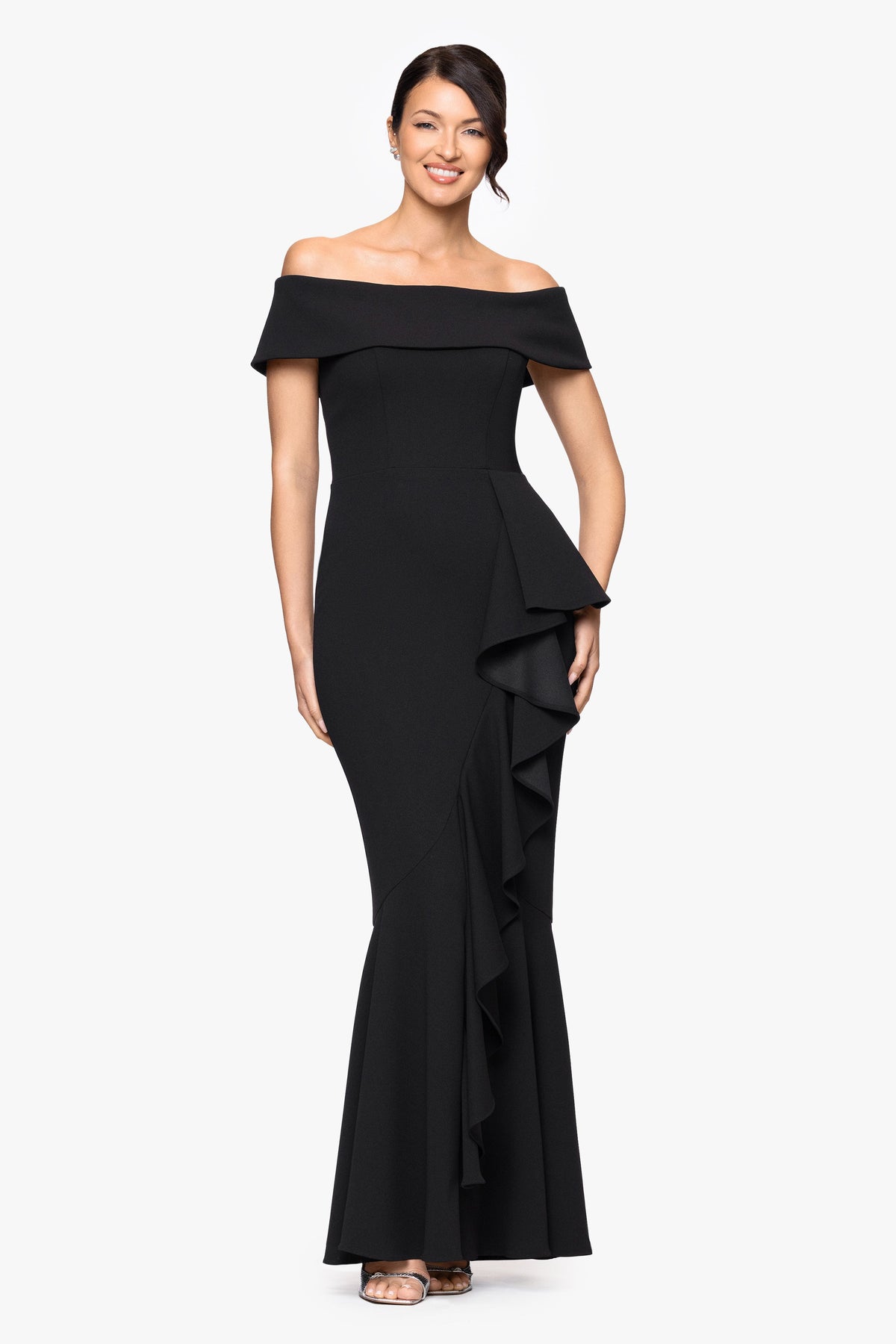 Betsy & Adam "Carina" Long Off the Shoulder Ruffle Dress - Black
