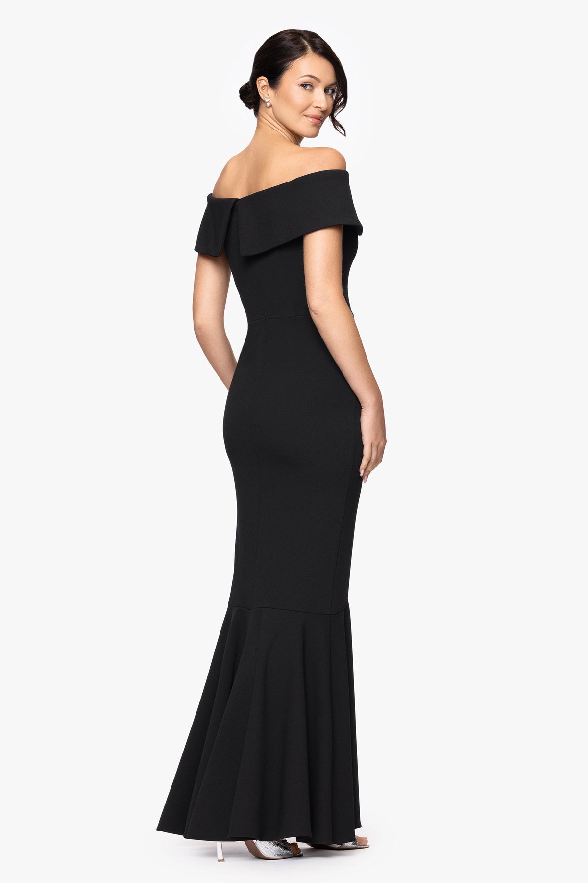 Betsy & Adam "Carina" Long Off the Shoulder Ruffle Dress - Black