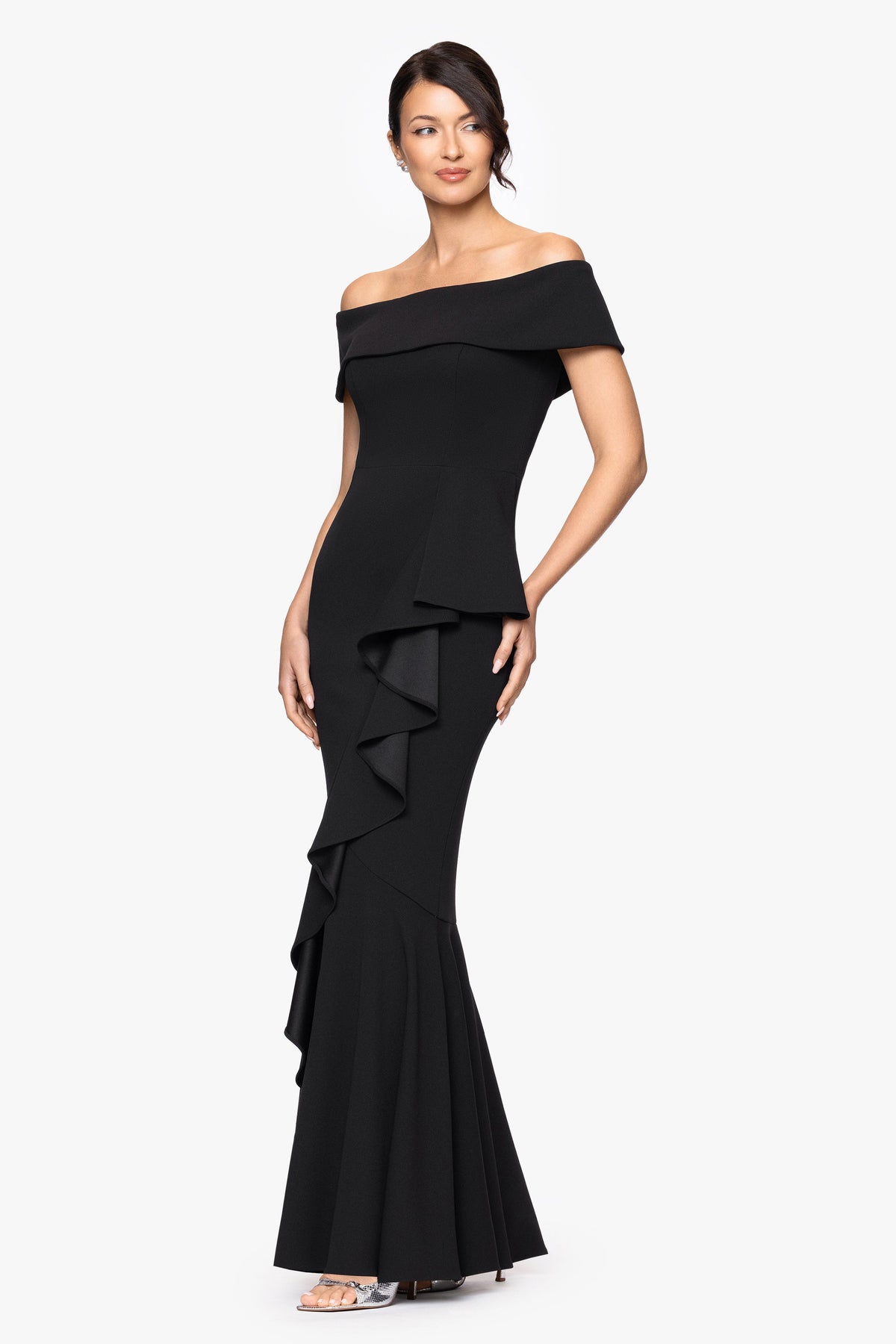 Betsy & Adam "Carina" Long Off the Shoulder Ruffle Dress - Black