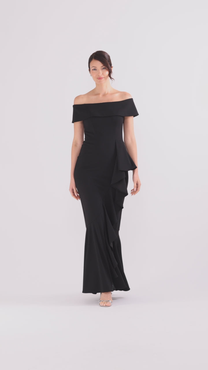 Betsy & Adam "Carina" Long Off the Shoulder Ruffle Dress - Black