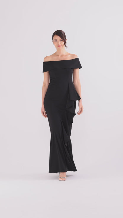 Betsy & Adam "Carina" Long Off the Shoulder Ruffle Dress - Black