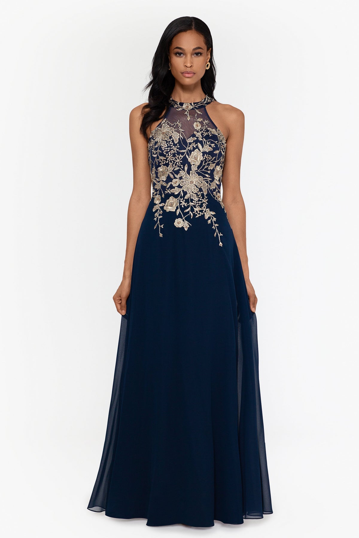 Betsy & Adam "Celeste" Embroidered Chiffon Dress - Navy/Gold