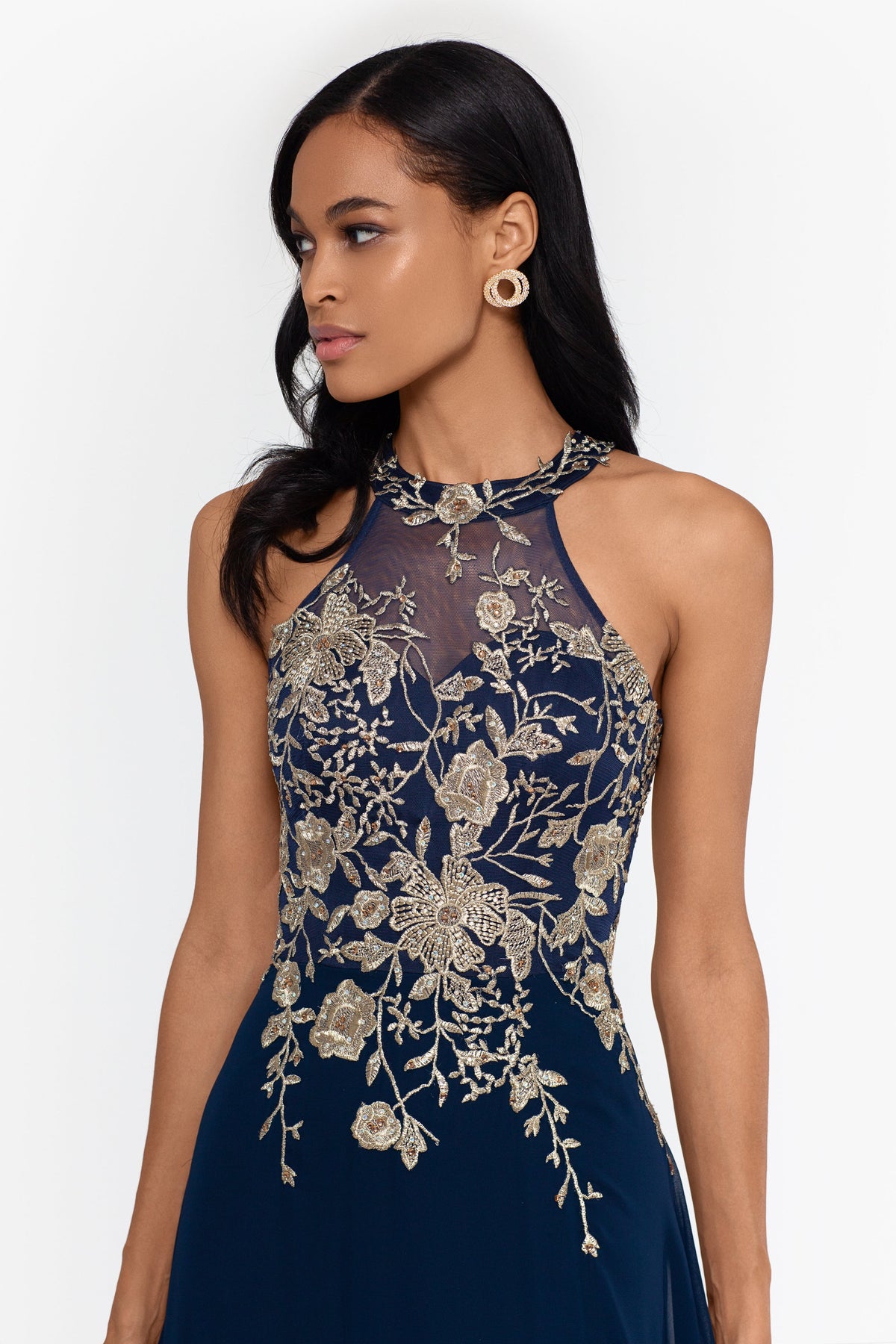 Betsy & Adam "Celeste" Embroidered Chiffon Dress - Navy/Gold