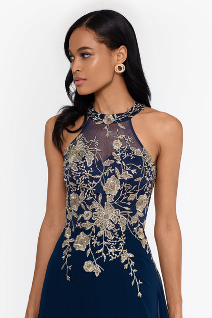 Betsy & Adam "Celeste" Embroidered Chiffon Dress - Navy/Gold