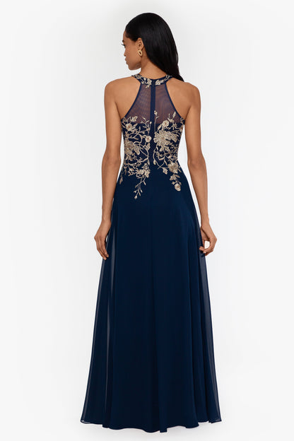Betsy & Adam "Celeste" Embroidered Chiffon Dress - Navy/Gold