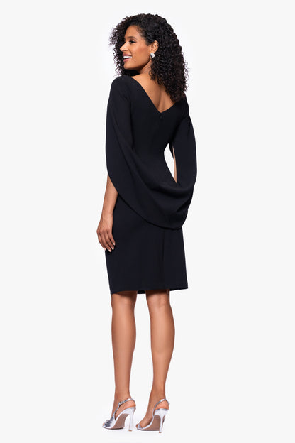 Betsy & Adam "Jordan" Scuba Crepe Draped Back Short Dress - Black