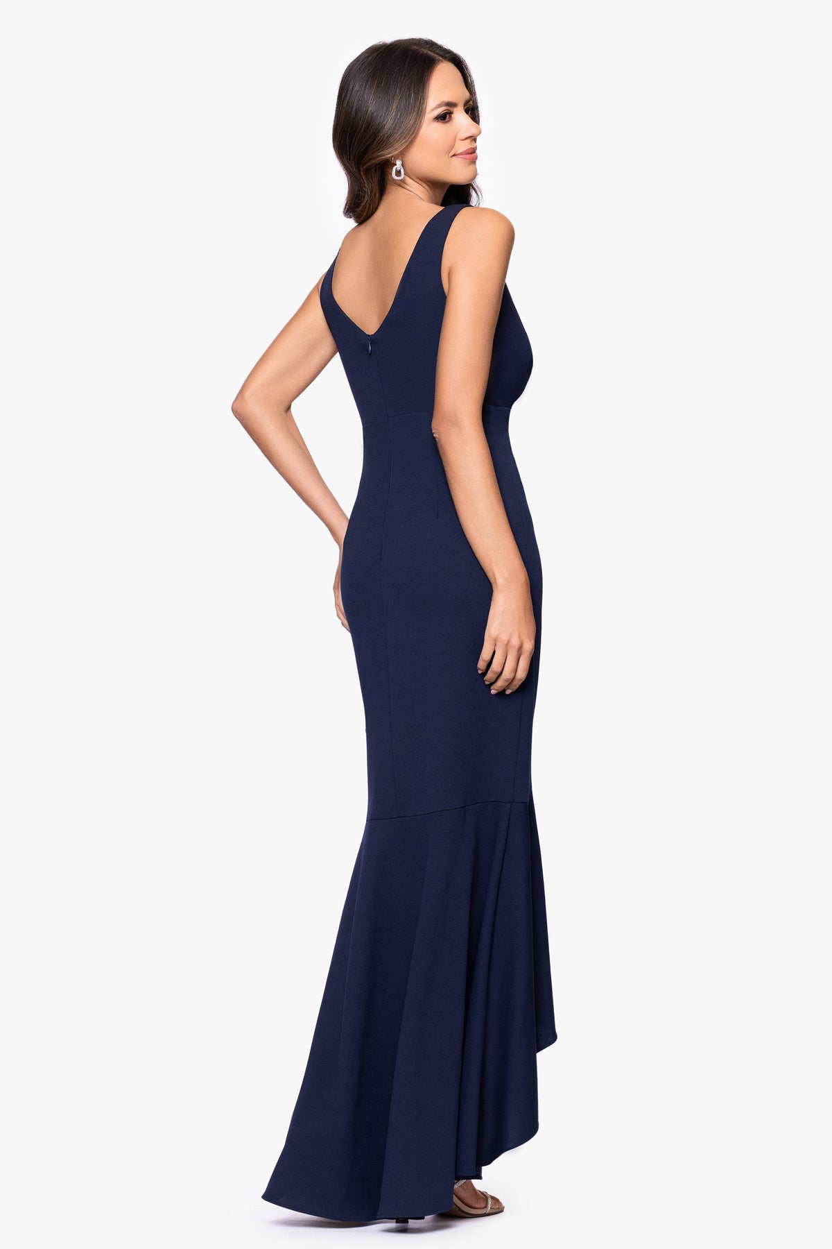 Betsy & Adam "Candace" V-Neck Hi Low Cascade Dress - Navy