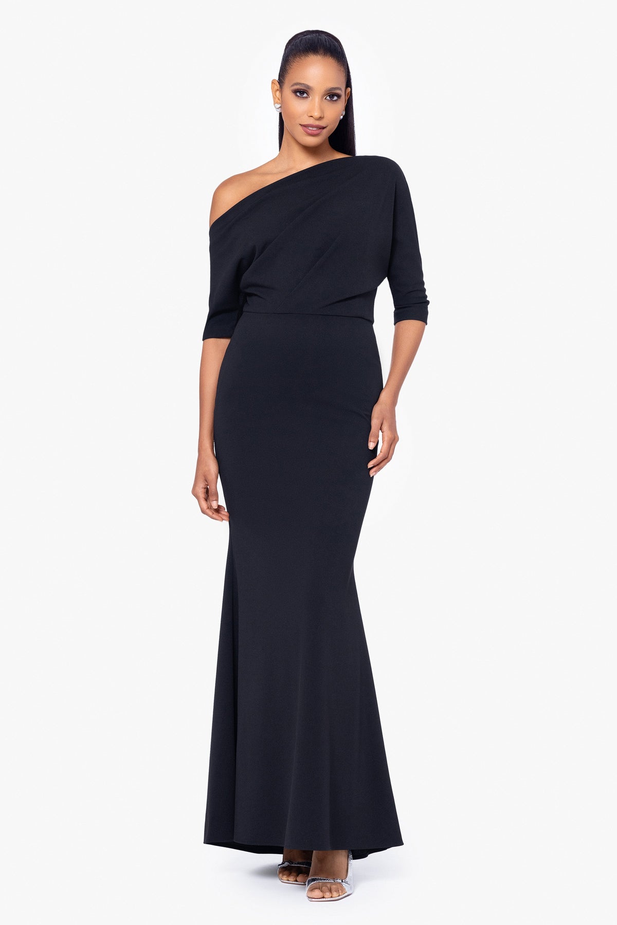 Betsy & Adam “Madeline” Scuba Crepe Off The Shoulder Dress - Black