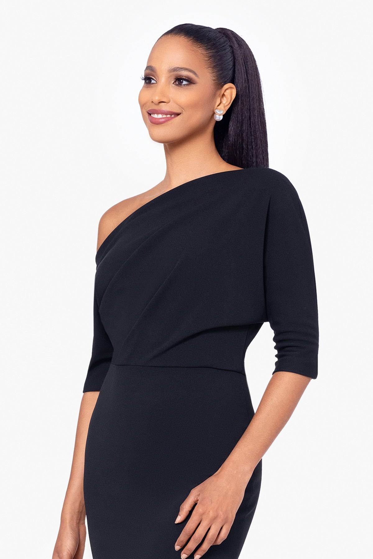 Betsy & Adam “Madeline” Scuba Crepe Off The Shoulder Dress - Black