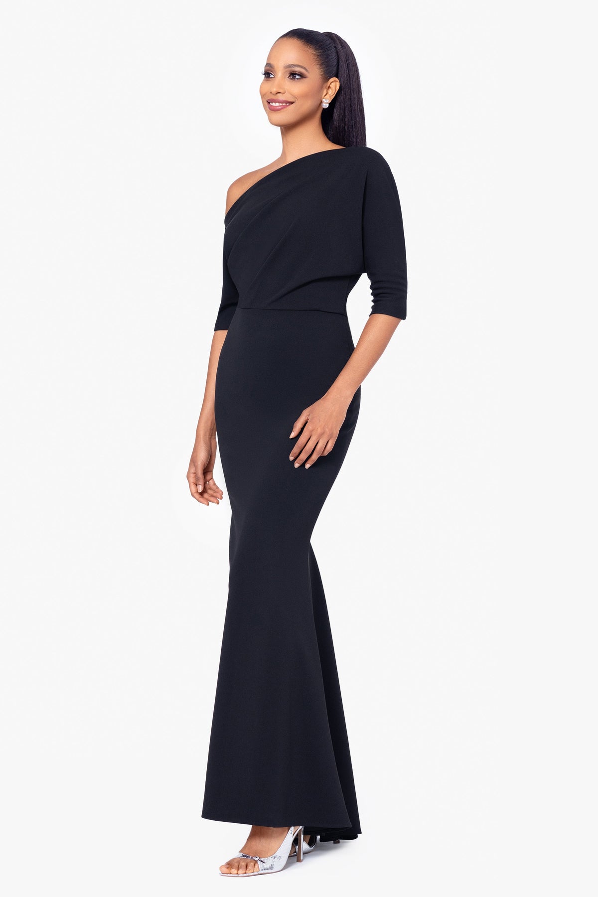Betsy & Adam “Madeline” Scuba Crepe Off The Shoulder Dress - Black