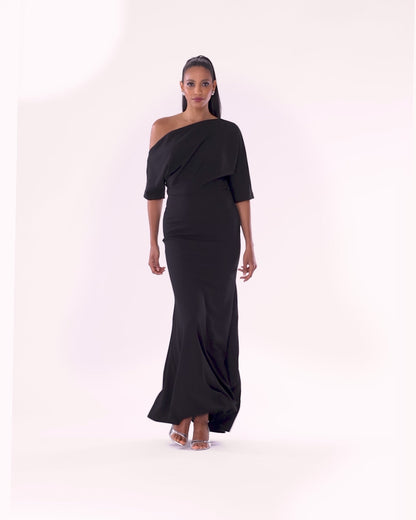 Betsy & Adam “Madeline” Scuba Crepe Off The Shoulder Dress - Black