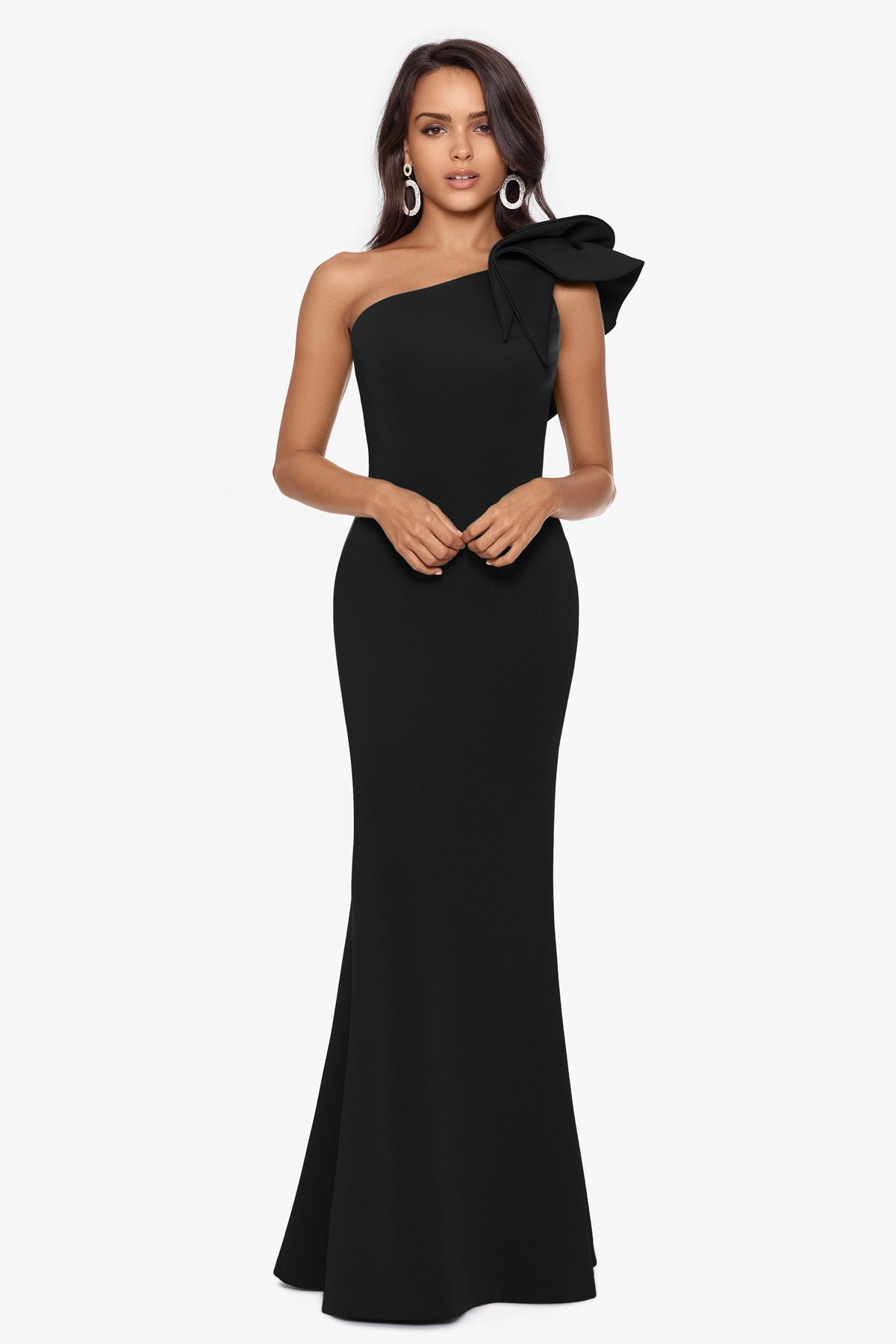 Betsy & Adam "Daisy" Techno Scuba Crepe One Shoulder Dress - Black
