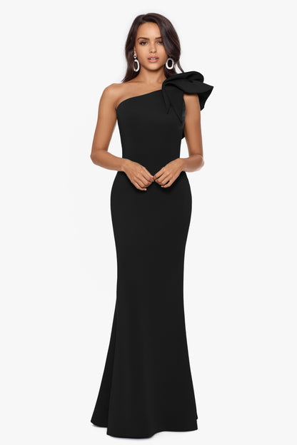 Betsy & Adam "Daisy" Techno Scuba Crepe One Shoulder Dress - Black