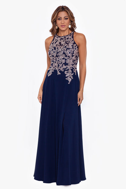 Betsy & Adam "Katie" Chiffon Beaded Halter Dress - Navy/Rose
