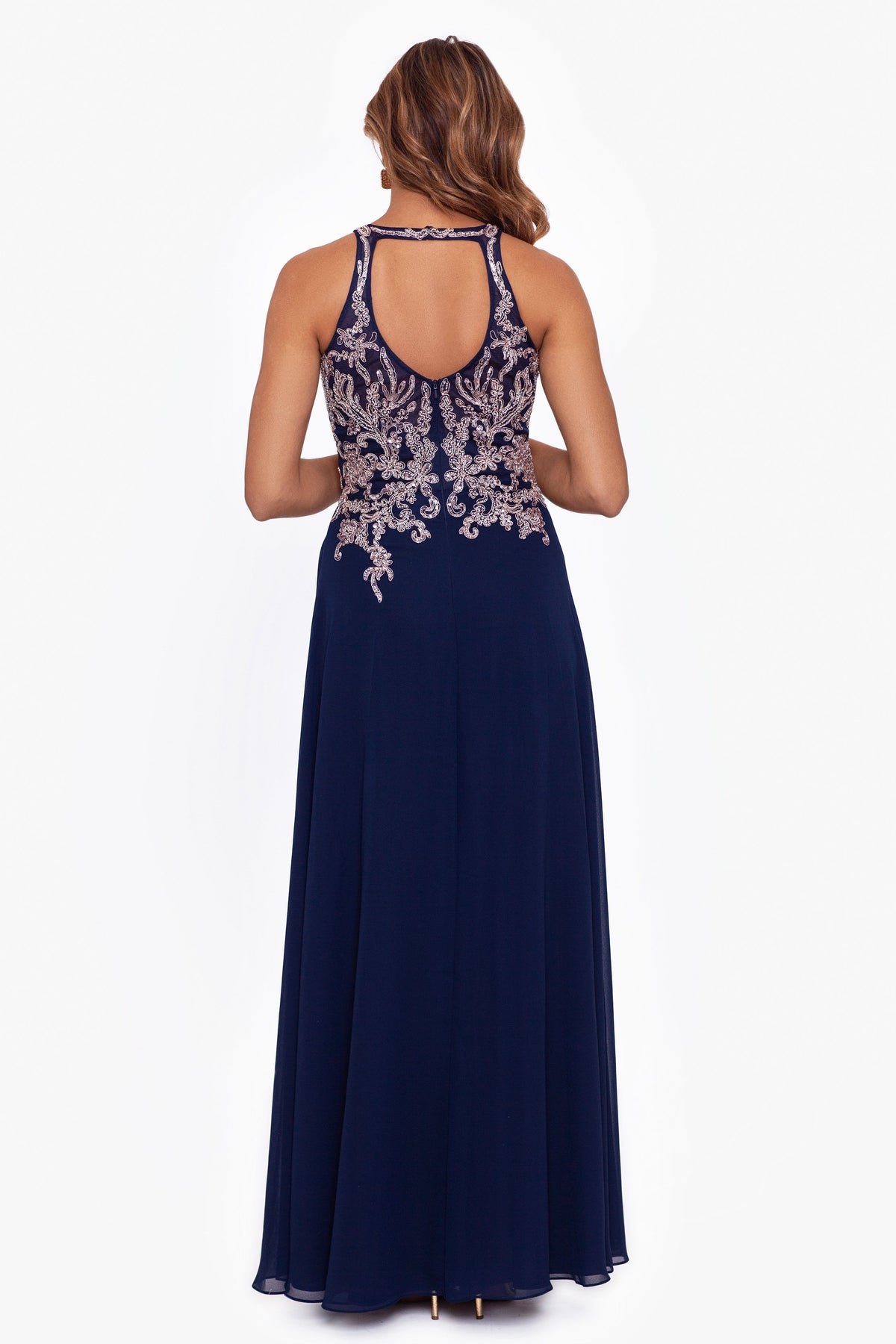 Betsy & Adam "Katie" Chiffon Beaded Halter Dress - Navy/Rose