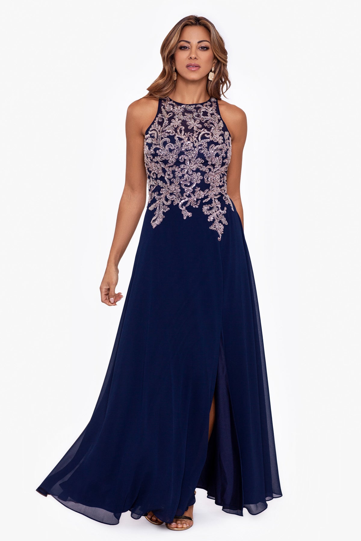 Betsy & Adam "Katie" Chiffon Beaded Halter Dress - Navy/Rose