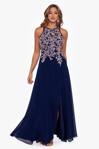 Betsy & Adam "Katie" Chiffon Beaded Halter Dress - Navy/Rose