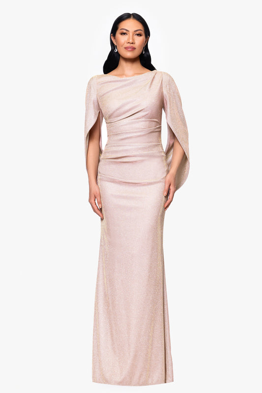 Betsy & Adam "Gracie" Metallic Knit Glitter Draped Dress - White/Pink/Gold