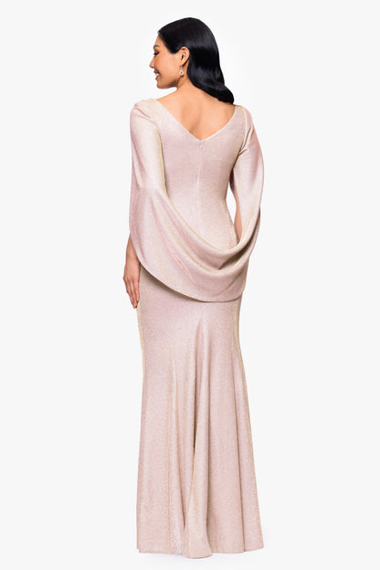 Betsy & Adam "Gracie" Metallic Knit Glitter Draped Dress - White/Pink/Gold