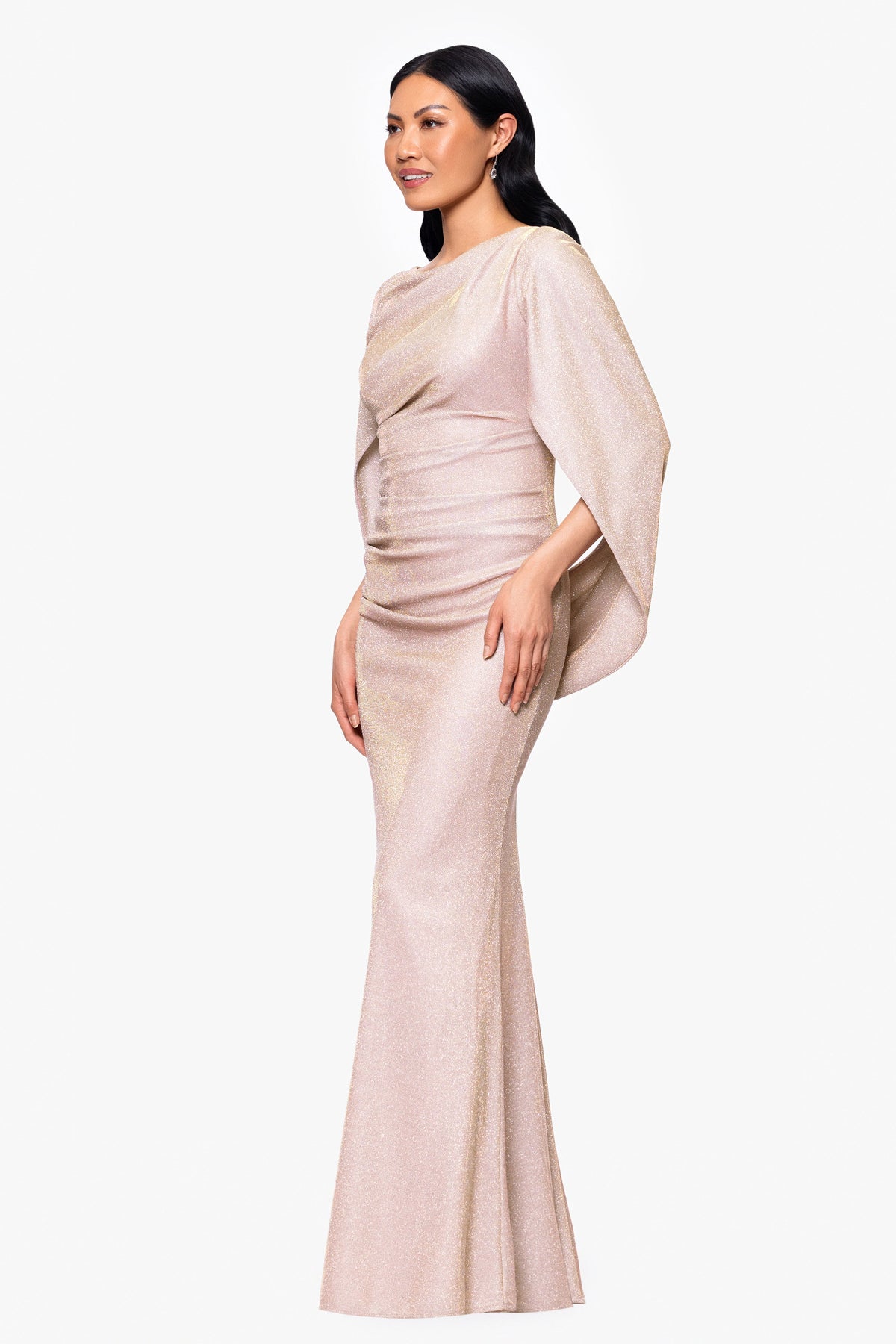 Betsy & Adam "Gracie" Metallic Knit Glitter Draped Dress - White/Pink/Gold