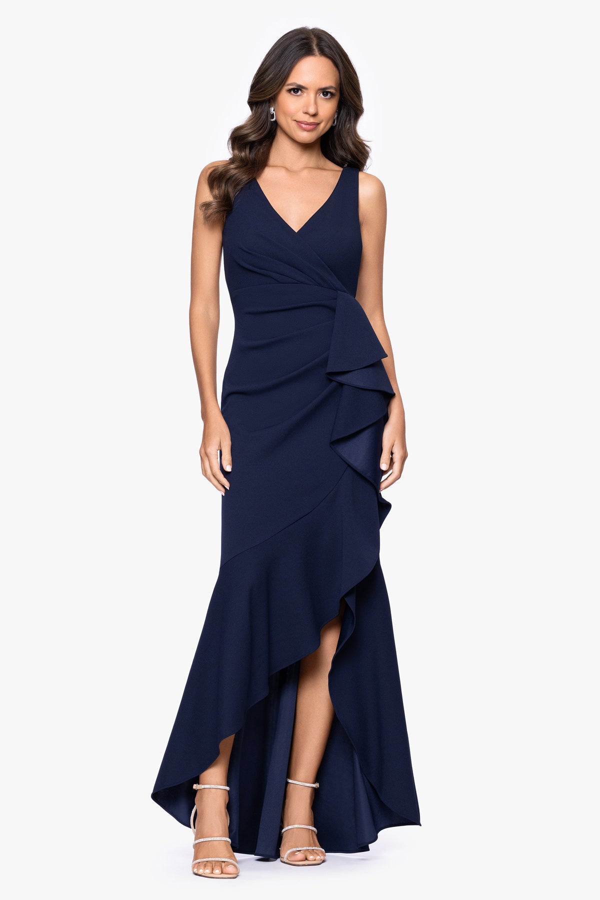Betsy & Adam Petite "Candace" V-Neck Hi Low Cascade Dress - Navy