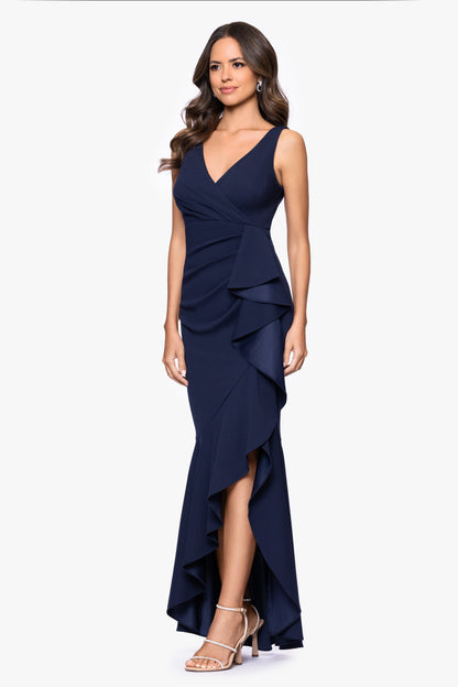 Betsy & Adam Petite "Candace" V-Neck Hi Low Cascade Dress - Navy