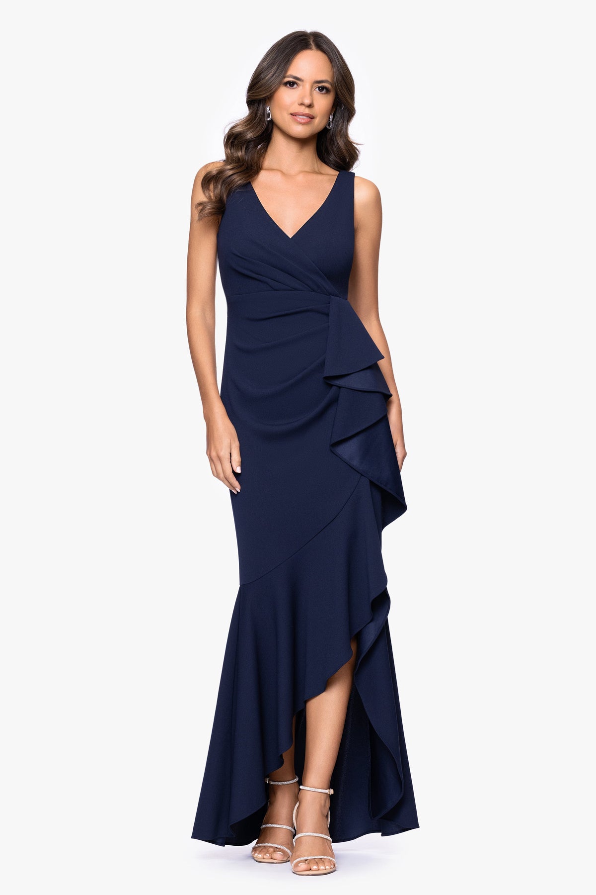 Betsy & Adam Petite "Candace" V-Neck Hi Low Cascade Dress - Navy