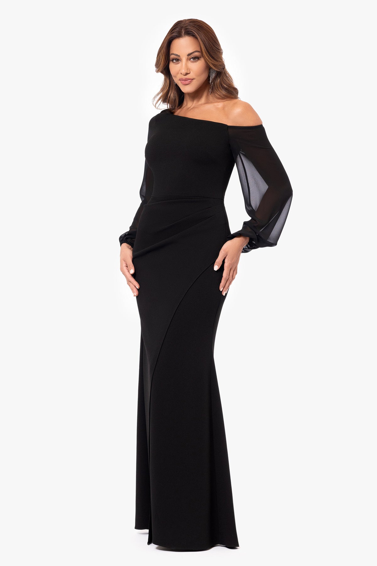 Betsy & Adam "Donna" Scuba Crepe Illusion Sleeve Dress - Black
