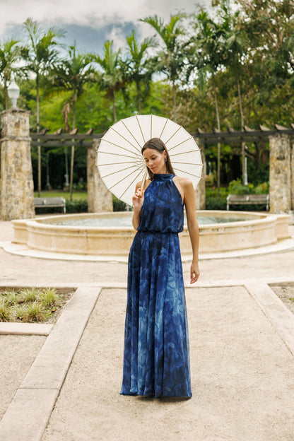 Betsy & Adam "Tami" Chiffon Print High Halter Neck Dress - Navy/Blue