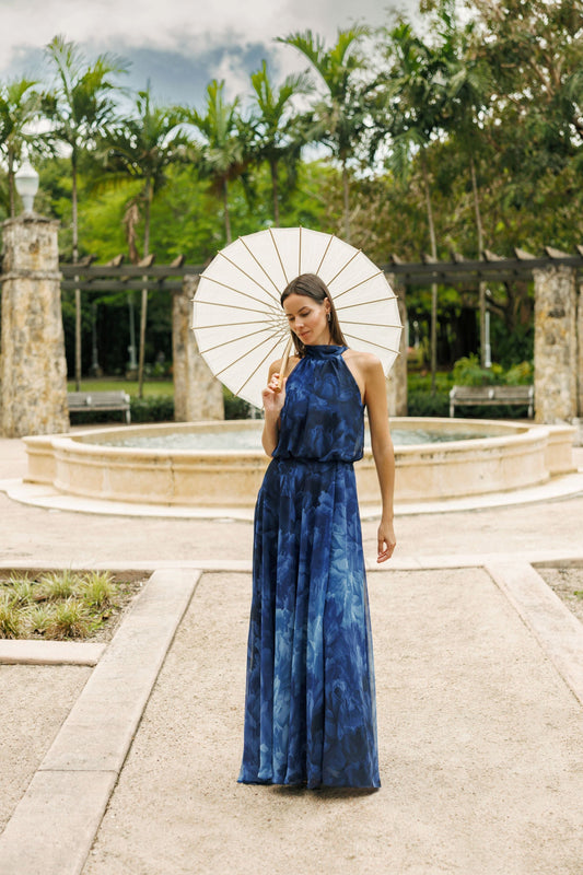Betsy & Adam "Tami" Chiffon Print High Halter Neck Dress - Navy/Blue