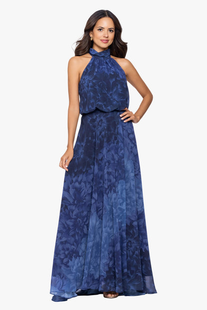 Betsy & Adam "Tami" Chiffon Print High Halter Neck Dress - Navy/Blue