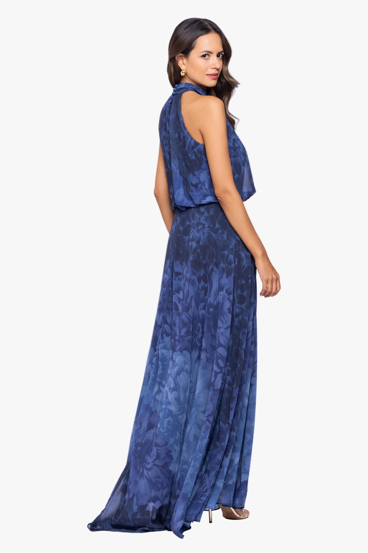 Betsy & Adam "Tami" Chiffon Print High Halter Neck Dress - Navy/Blue