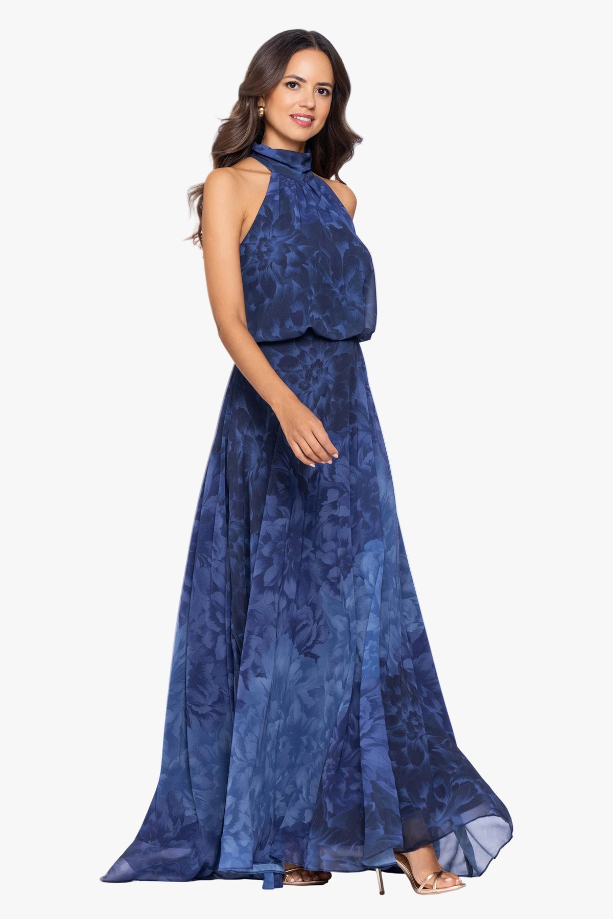 Betsy & Adam "Tami" Chiffon Print High Halter Neck Dress - Navy/Blue