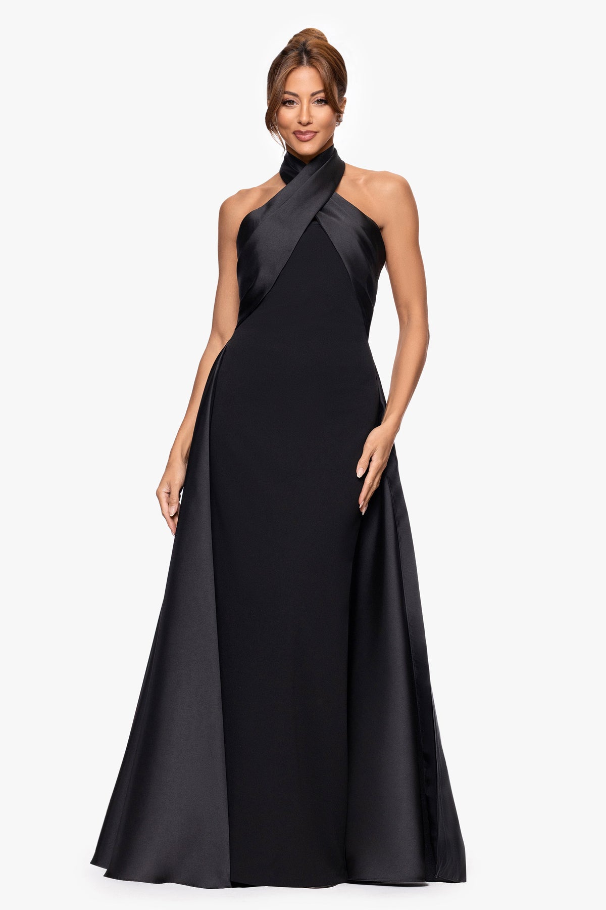 Betsy & Adam "Dina" Scuba Crepe Twist Halter Neck Gown - Black