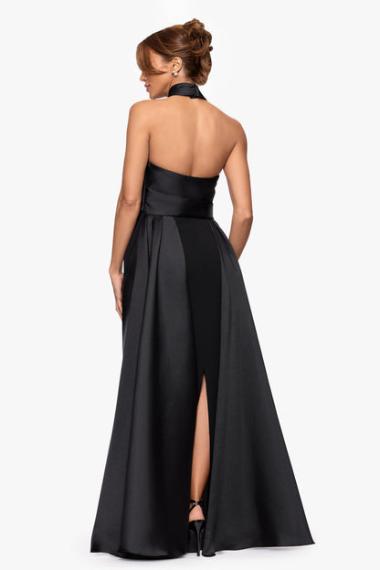 Betsy & Adam "Dina" Scuba Crepe Twist Halter Neck Gown - Black
