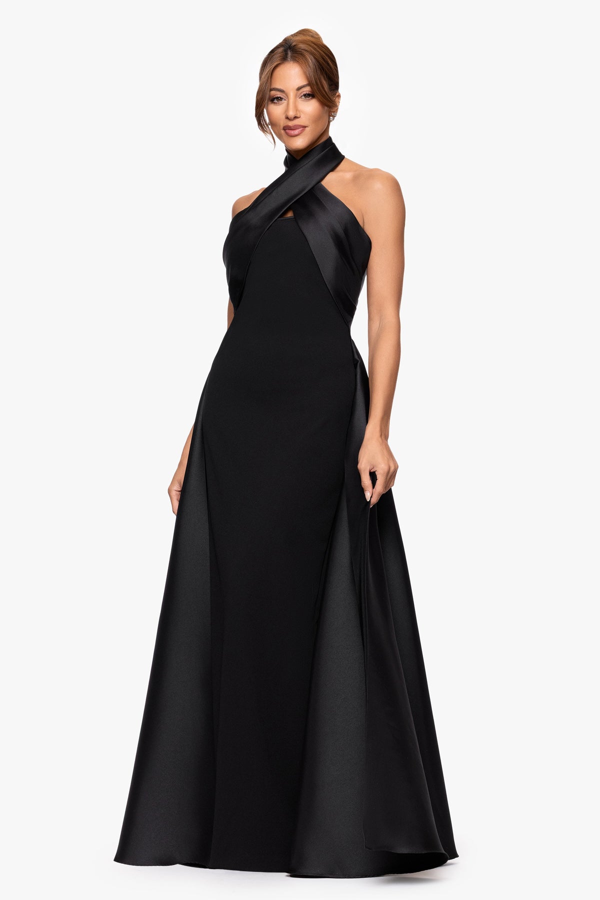Betsy & Adam "Dina" Scuba Crepe Twist Halter Neck Gown - Black