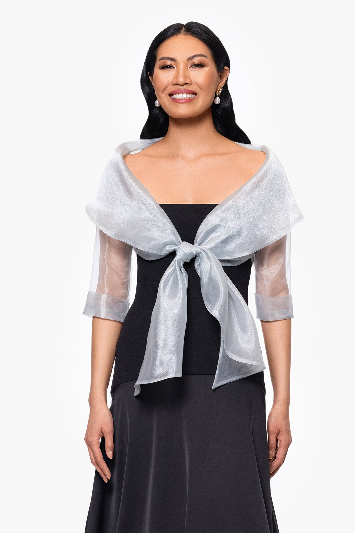 Betsy & Adam "Agnes" Organza 3/4 Sleeve Shawl Wrap - Silver
