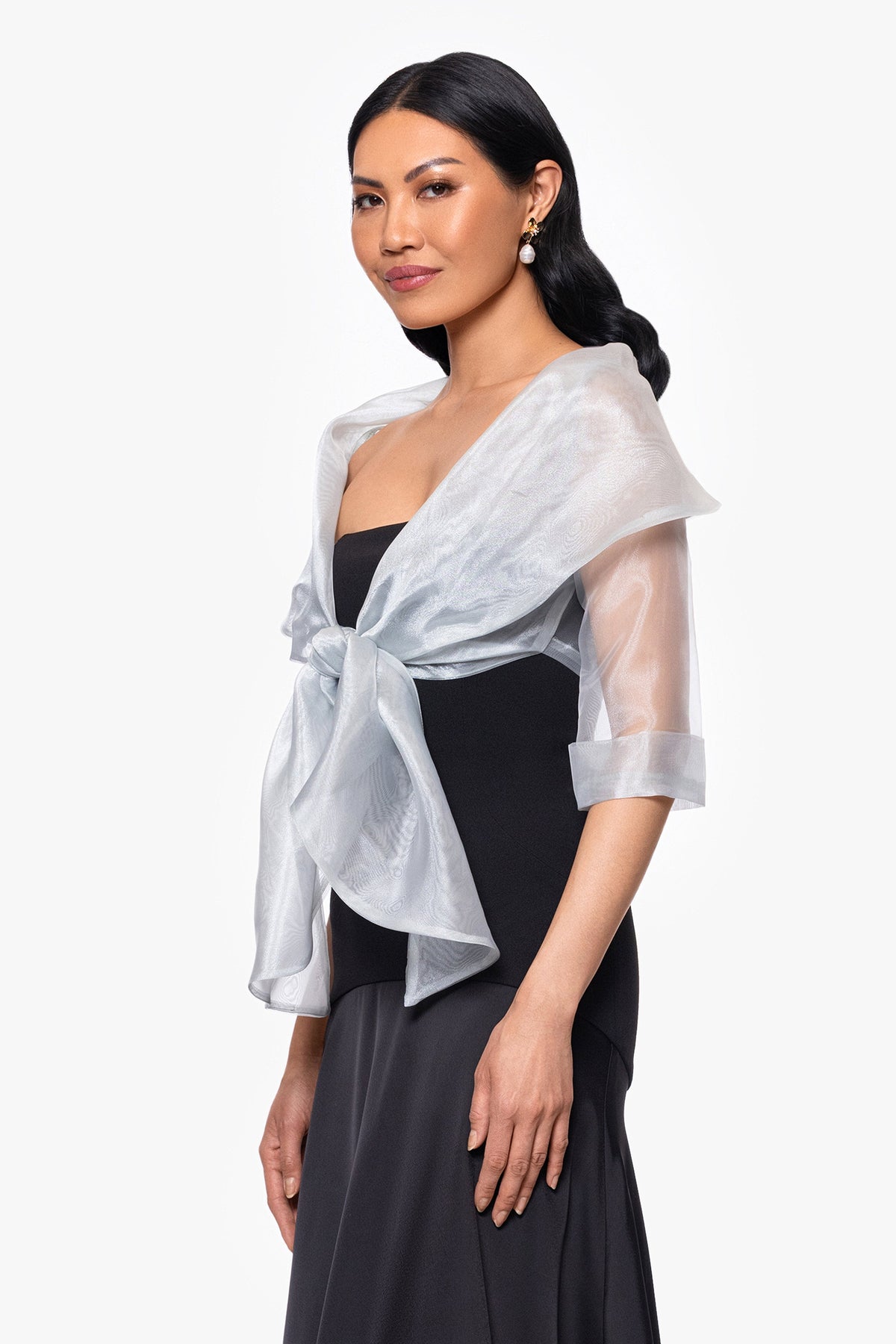 Betsy & Adam "Agnes" Organza 3/4 Sleeve Shawl Wrap - Silver