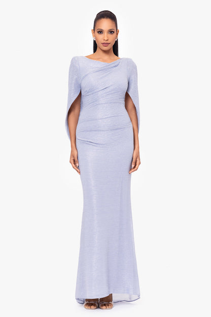Betsy & Adam "Elaine" Metallic Crinkle Long Dress - Blue/Silver