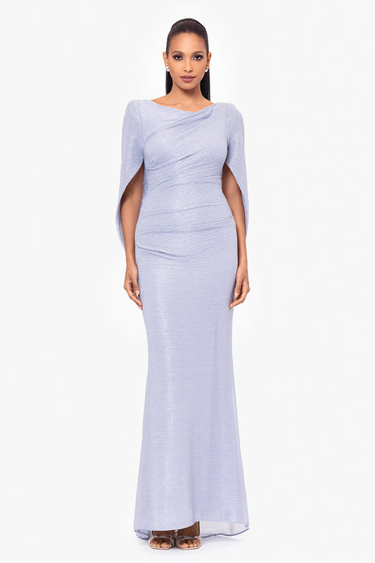 Betsy & Adam "Elaine" Metallic Crinkle Long Dress - Blue/Silver