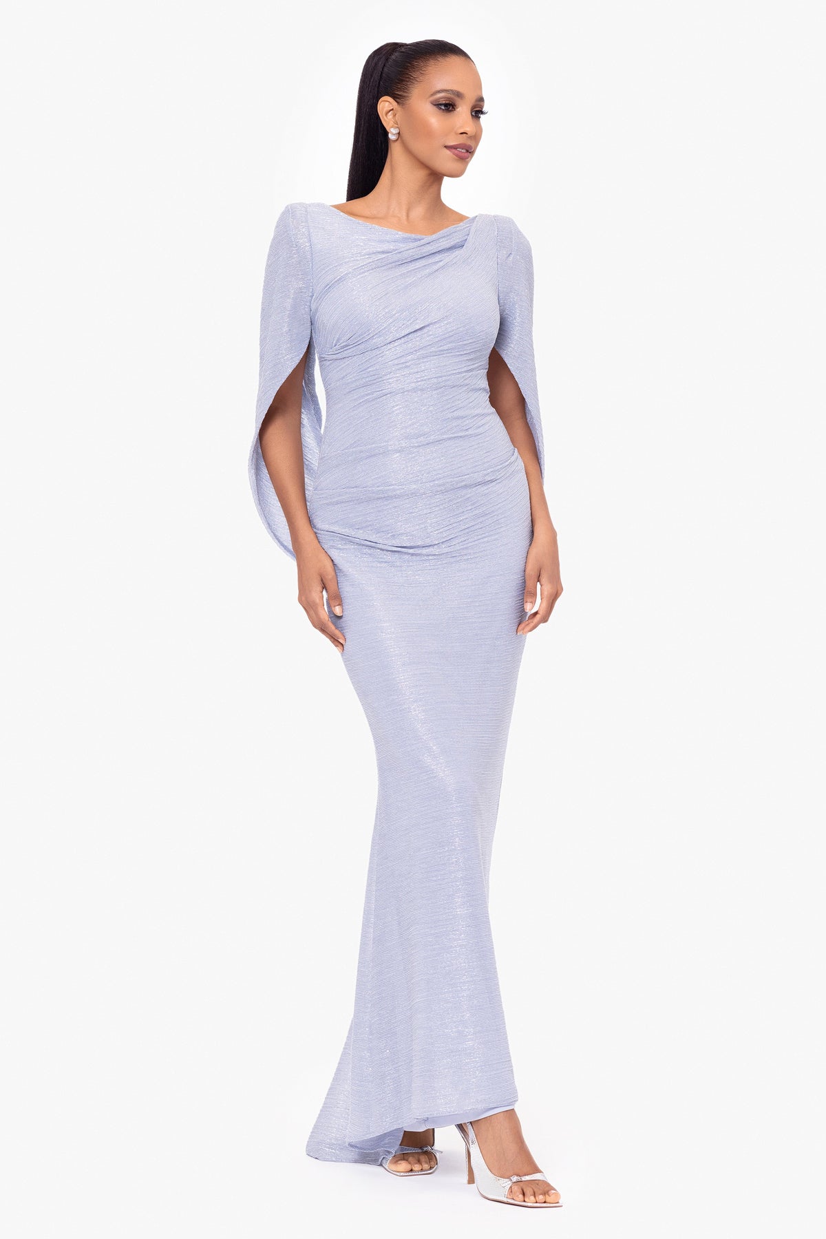 Betsy & Adam "Elaine" Metallic Crinkle Long Dress - Blue/Silver