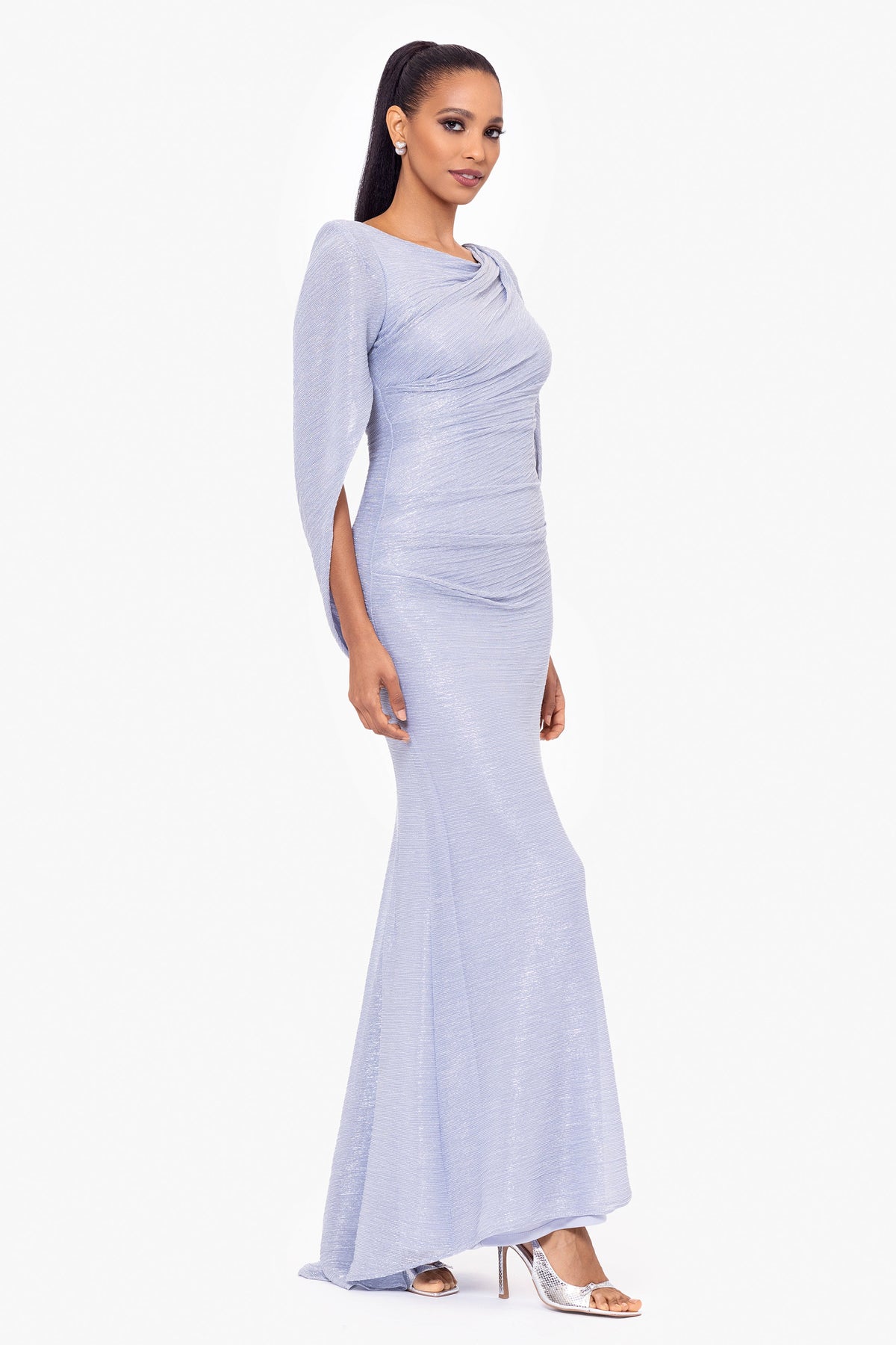Betsy & Adam "Elaine" Metallic Crinkle Long Dress - Blue/Silver