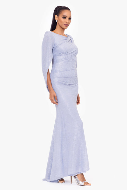 Betsy & Adam "Elaine" Metallic Crinkle Long Dress - Blue/Silver