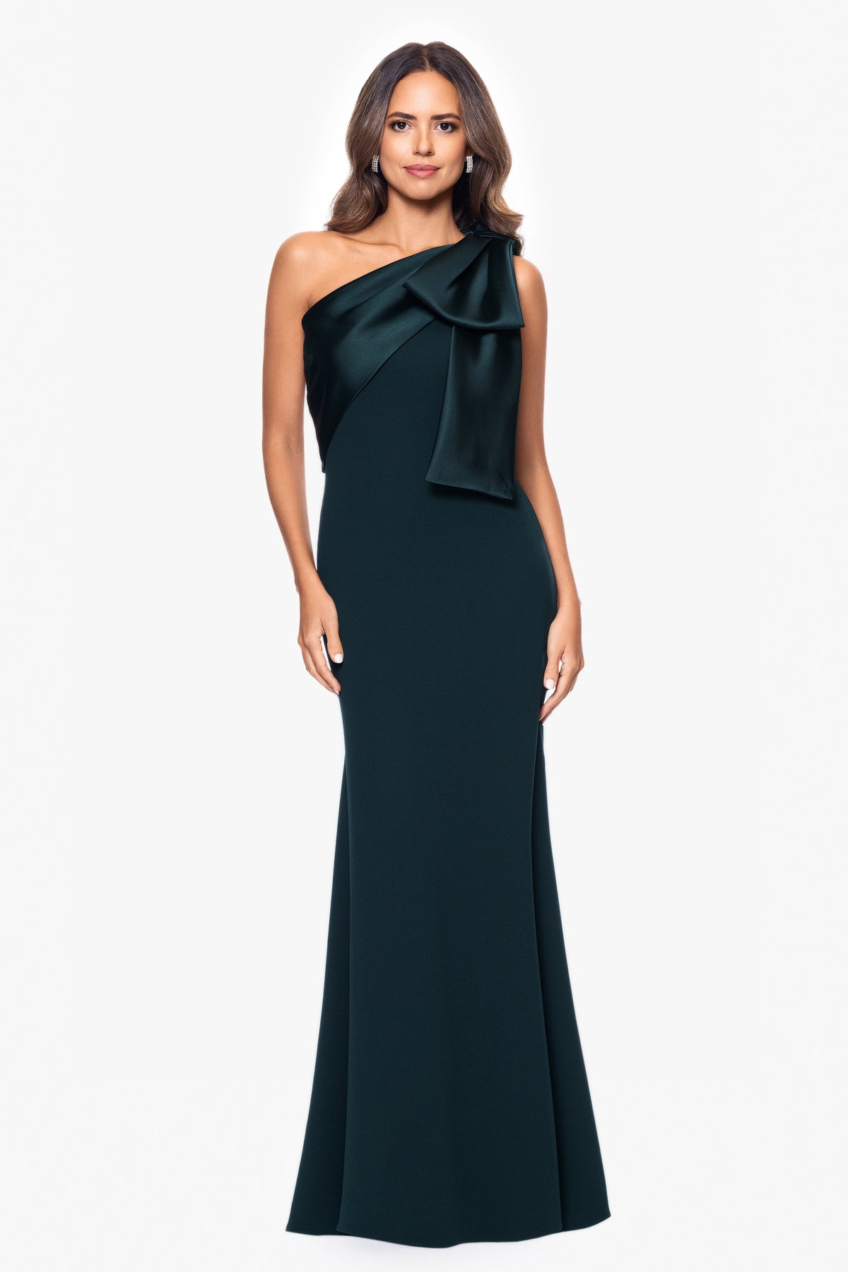 Betsy & Adam "Carmela" Scuba Crepe With Satin Bow Dress - Pine