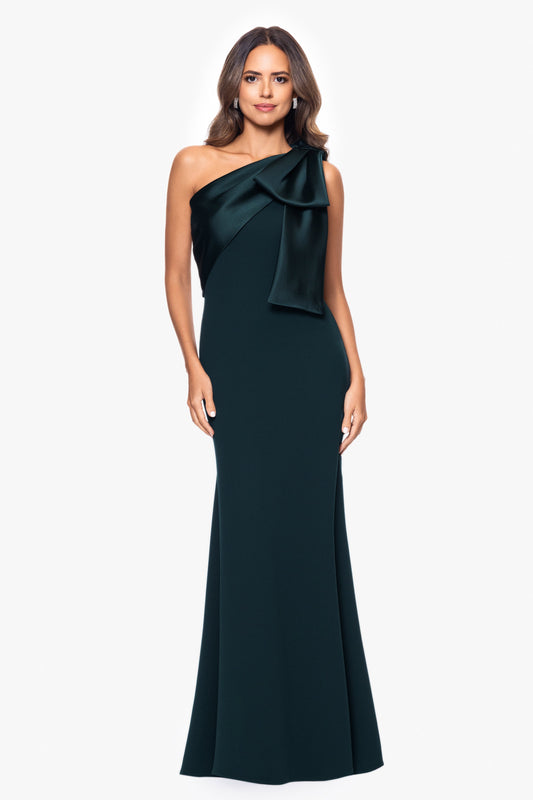 Betsy & Adam "Carmela" Scuba Crepe With Satin Bow Dress - Pine