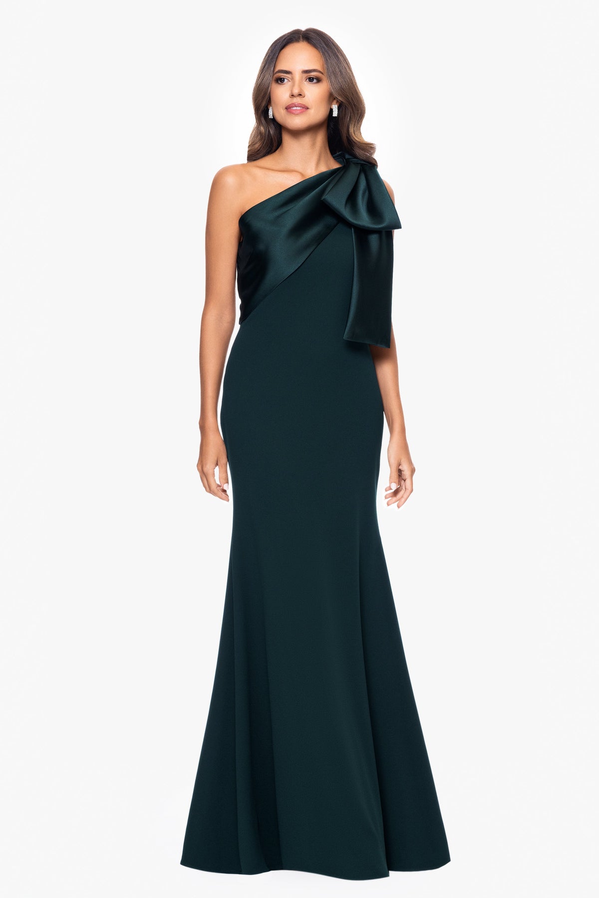 Betsy & Adam "Carmela" Scuba Crepe With Satin Bow Dress - Pine