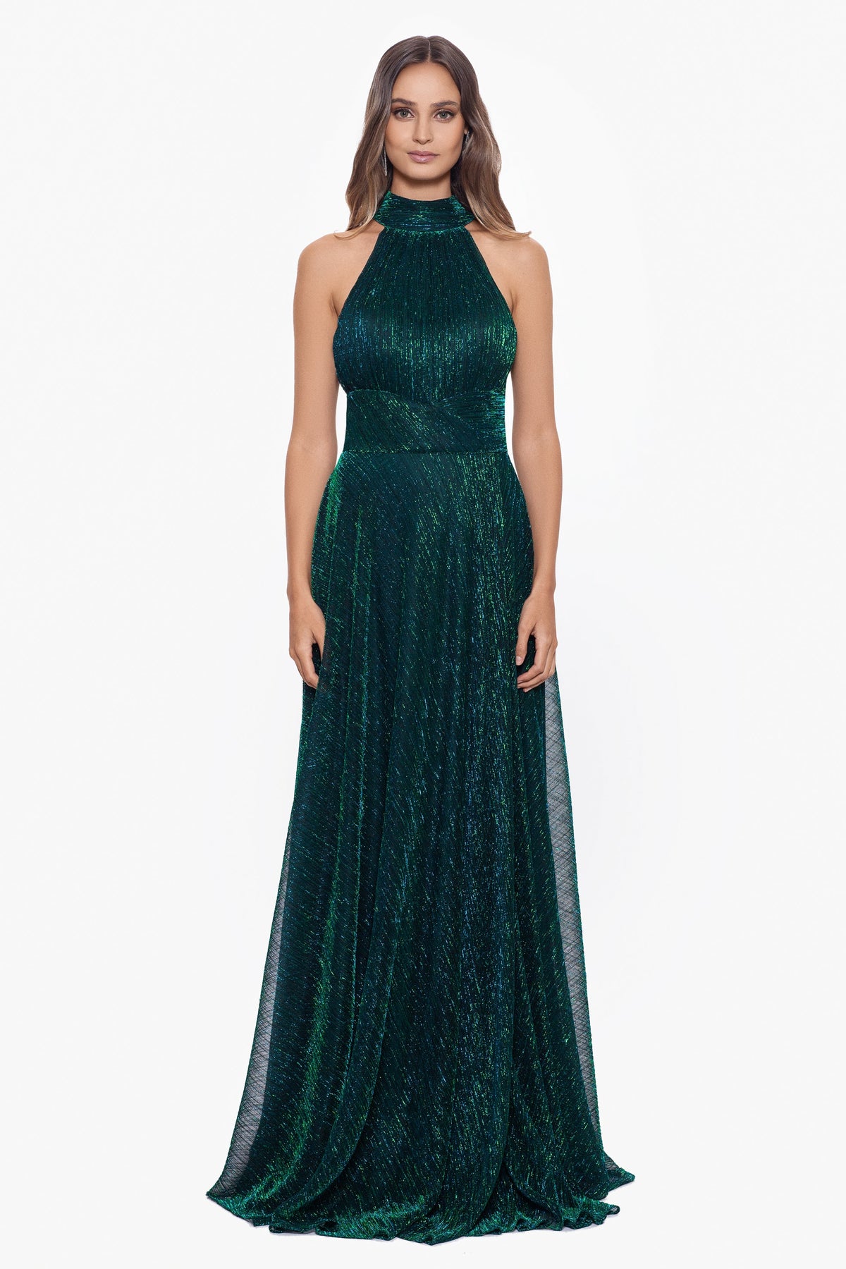 Betsy & Adam “Stella” Metallic Halter Wrap Skirt Dress - Jade