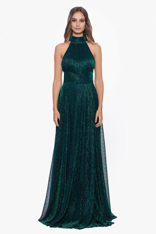 Betsy & Adam “Stella” Metallic Halter Wrap Skirt Dress - Jade